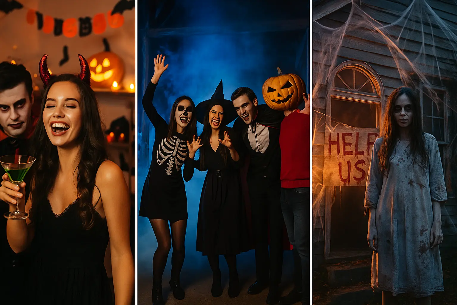 Halloween party in costume, witches in blue fog, and a haunted house at night