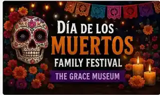 Día de los Muertos Family Festival in Abilene, Texas with a colorful sugar skull, marigold flowers, candles and papel picado
