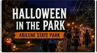 Halloween in the Park at Abilene State Park with pumpkins, lanterns and a family-friendly trick-or-treating scene